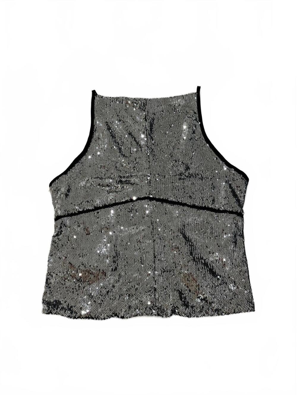Free People Sequin High Neck Strappy Back Tank Top Silver Black Medium - Picture 3 of 9